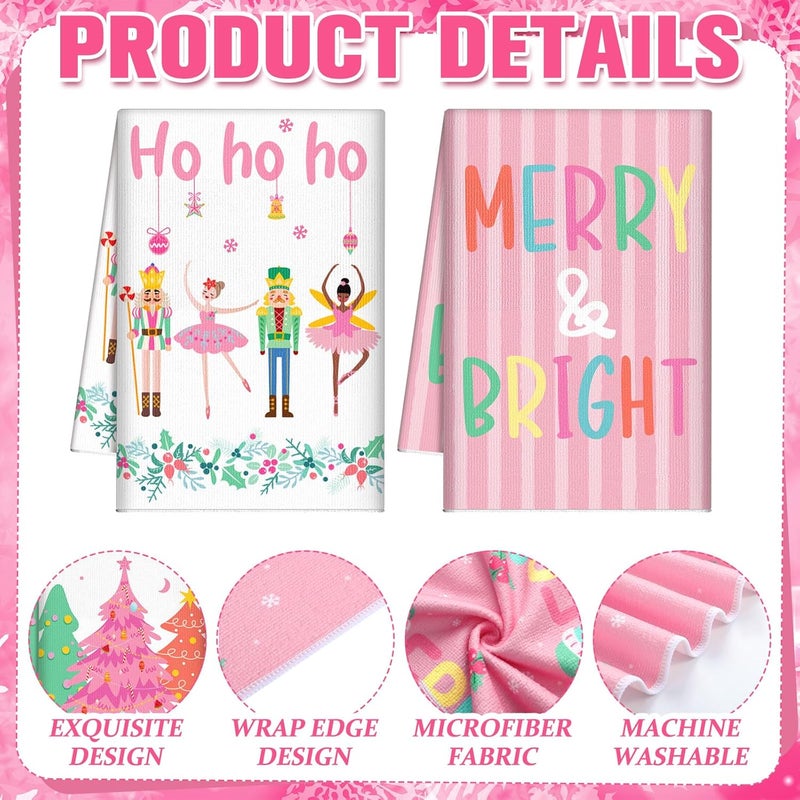 FuWeave 6 Pcs Pink Christmas Kitchen Towels Pastel Nutcracker Xmas Dish Towels 158 x 236 Inch Decorative Cute Hand Towel Farmhouse Cartoon Tea Towel Christmas Kitchen Decor for Winter Bathroom Gift - Image 4