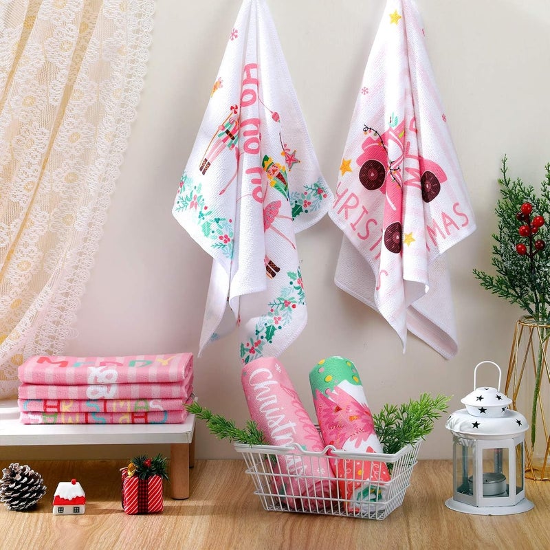 FuWeave 6 Pcs Pink Christmas Kitchen Towels Pastel Nutcracker Xmas Dish Towels 158 x 236 Inch Decorative Cute Hand Towel Farmhouse Cartoon Tea Towel Christmas Kitchen Decor for Winter Bathroom Gift - Image 2