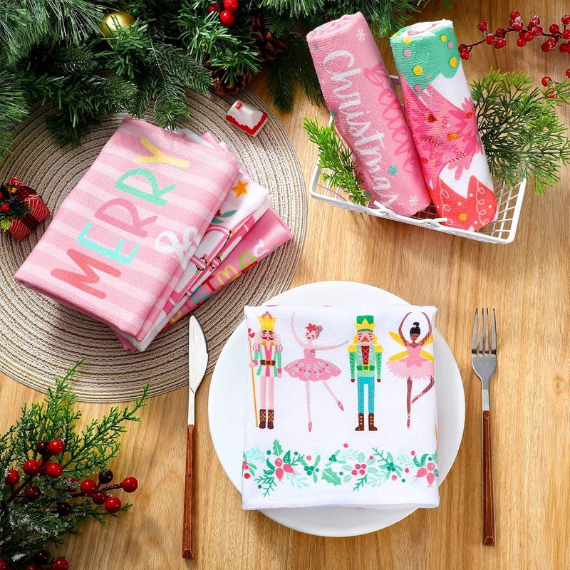 FuWeave 6 Pcs Pink Christmas Kitchen Towels Pastel Nutcracker Xmas Dish Towels 158 x 236 Inch Decorative Cute Hand Towel Farmhouse Cartoon Tea Towel Christmas Kitchen Decor for Winter Bathroom Gift - Image 5