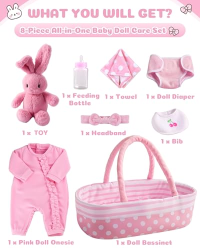 BABESIDE 8 Pcs Baby Doll Accessories Reborn Baby Dolls Clothes with Bassinet for 1722 Inch Babydolls Outfit fit Babies Dolls Girl Babies Pretend Play Set - Image 5