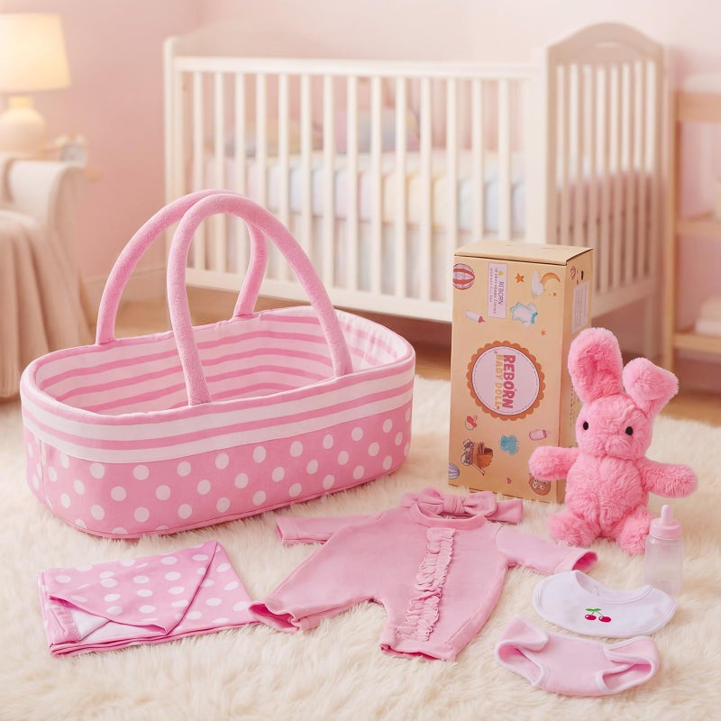 BABESIDE 8 Pcs Baby Doll Accessories Reborn Baby Dolls Clothes with Bassinet for 1722 Inch Babydolls Outfit fit Babies Dolls Girl Babies Pretend Play Set - Image 4