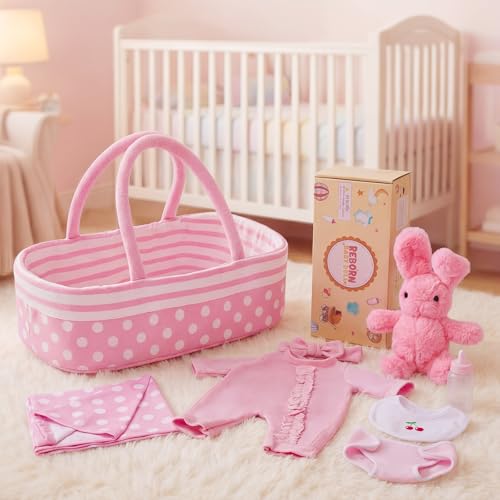 BABESIDE 8 Pcs Baby Doll Accessories Reborn Baby Dolls Clothes with Bassinet for 1722 Inch Babydolls Outfit fit Babies Dolls Girl Babies Pretend Play Set - Image 1