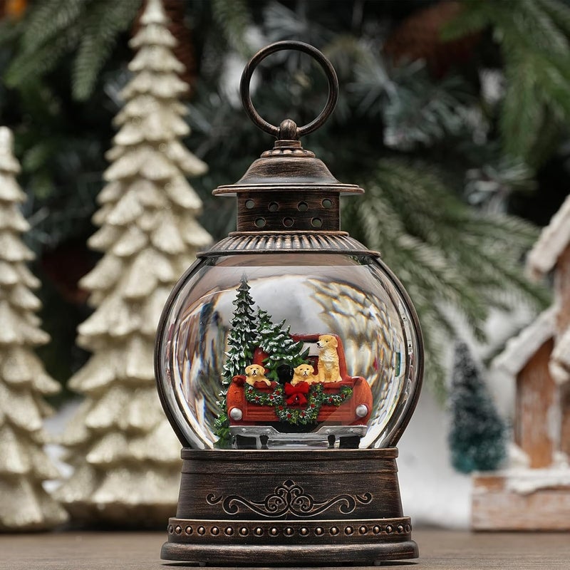 PestiLite Dog Snow Globe Lighted Christmas Decorations, Musical Snow Globe Lantern with Swirling Glitter, Red Truck Christmas Tree Holiday Party Gifts and Decorations, USB & Battery Operated - Image 1