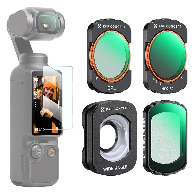 K&F CONCEPT Magnetic Wide Angle Lens & Effect & ND & CPL Filter Set Compatible with DJI Osmo Pocket 3, 4 Pack Wide-Angle Lens CPL Black Diffusion 1/4 ND2-32 Filters, HD Optical Glass/Multi-Coated - Image 1