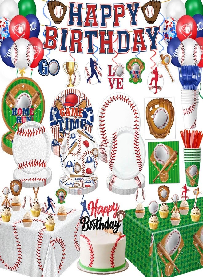 Oigco Baseball Birthday Decorations Includes Plates, Napkins, Cups, Cutlery, Cake & Cupcake Toppers, Banner, Hanging Swirls, Tablecloth, Balloons for Baseball Party Decorations, Serve 24 - Image 1