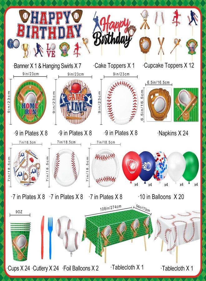 Oigco Baseball Birthday Decorations Includes Plates, Napkins, Cups, Cutlery, Cake & Cupcake Toppers, Banner, Hanging Swirls, Tablecloth, Balloons for Baseball Party Decorations, Serve 24 - Image 2