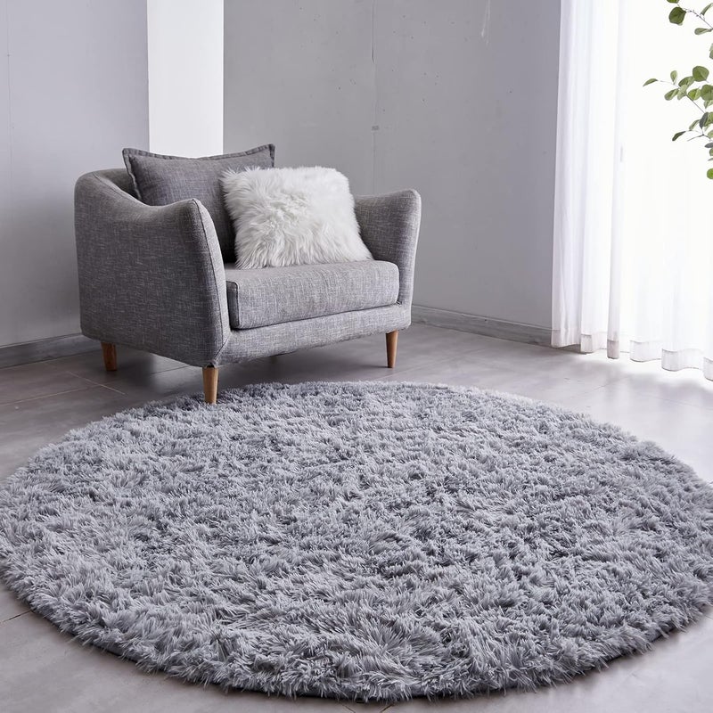 FJZFING Grey Round Rug Ultra-Soft Plush Modern 4x4 Circle Area Rug for Kid's Bedroom, Fluffy Shag Circular Rug for Nursery Room, Non-Slip Home Decor Cute Grey Carpet for Teen's Room - Image 1