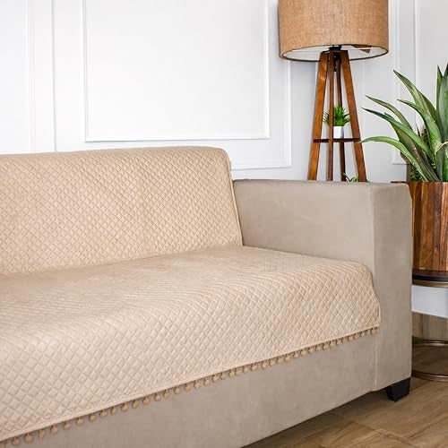 STITCHNEST 'Maison Plush Series' Quilted Velvet Sofa Cover 3 Seater Fully Covered | Premium Soft Fabric, Washable & Fade Resistant | Beige Sofa Protector with Pompom | Size 70x60 Inch - Image 1
