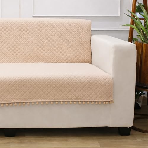 STITCHNEST 'Maison Plush Series' Quilted Velvet Sofa Cover 3 Seater Fully Covered | Premium Soft Fabric, Washable & Fade Resistant | Beige Sofa Protector with Pompom | Size 70x60 Inch - Image 3