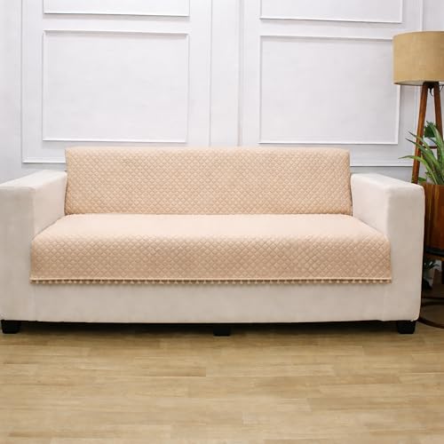 STITCHNEST 'Maison Plush Series' Quilted Velvet Sofa Cover 3 Seater Fully Covered | Premium Soft Fabric, Washable & Fade Resistant | Beige Sofa Protector with Pompom | Size 70x60 Inch - Image 2