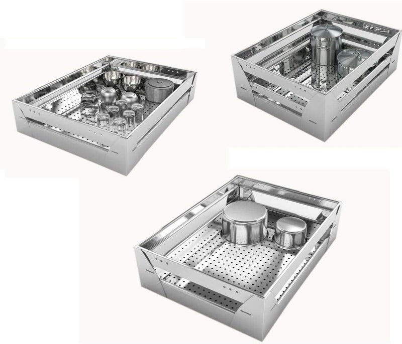 BLOO BASKET BLOO BASKET 202 Stainless Steel Modular Kitchen Basket Rectangular Sheet Perforated Size 4 Plain 6 Plain 8 Plain Set of 3 WITHOUT CHANNEL 18 INCH WIDTH 20 INCH DEPTH  - Image 1