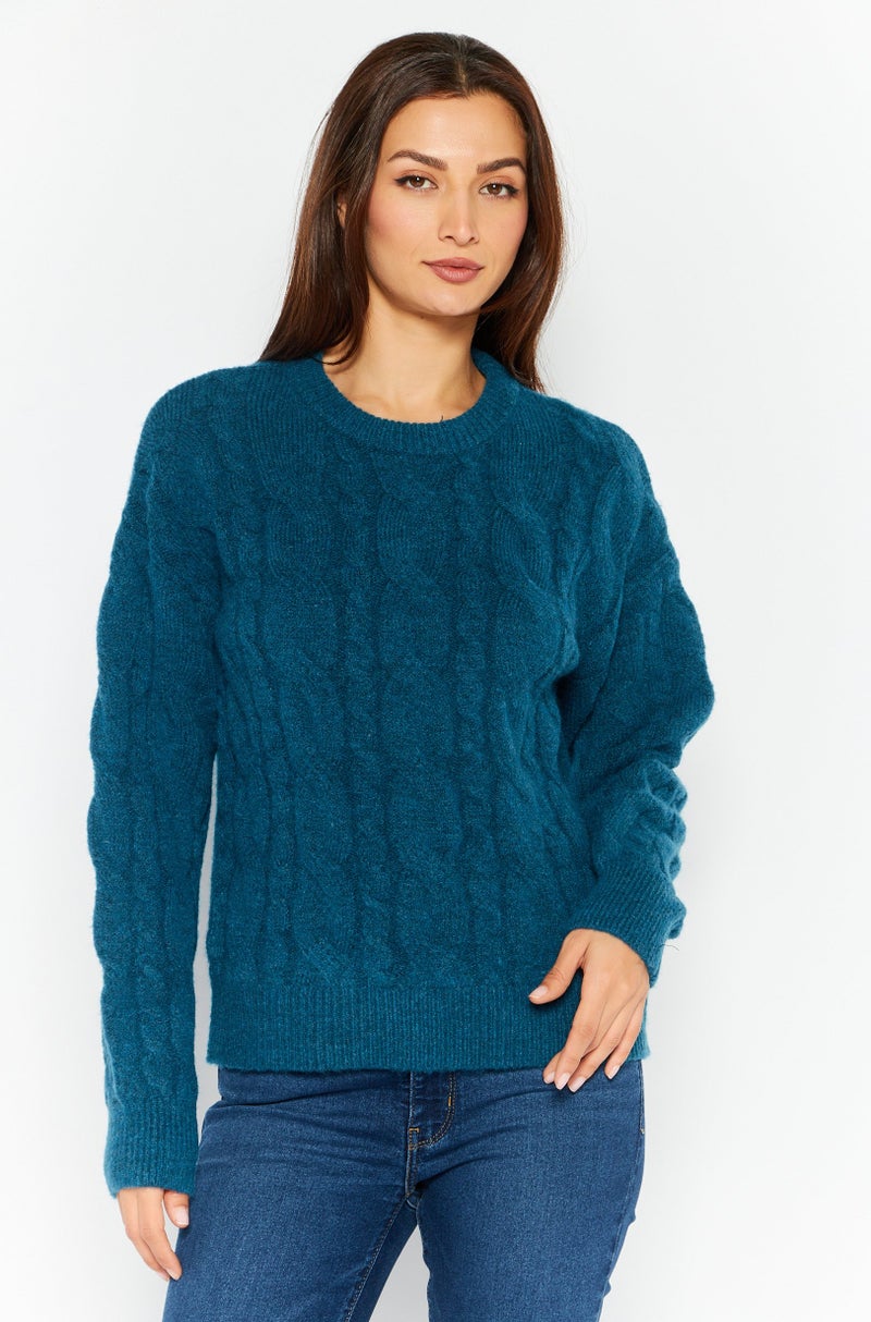 Fire & Glory Women Crew Neck Textured Sweaters, Sage Blue - Image 1
