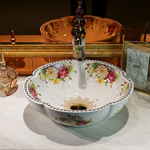jdzlanwtart White Ceramic Bathroom Vessel Sinks with American Style Peony Flower Pattern Washing Sink for Vanity Top Bowl - Image 4