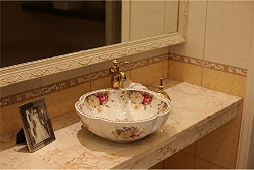 jdzlanwtart White Ceramic Bathroom Vessel Sinks with American Style Peony Flower Pattern Washing Sink for Vanity Top Bowl - Image 5
