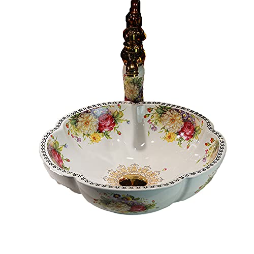 jdzlanwtart White Ceramic Bathroom Vessel Sinks with American Style Peony Flower Pattern Washing Sink for Vanity Top Bowl - Image 1