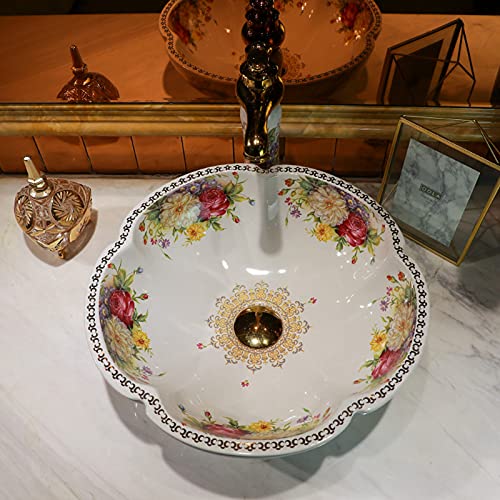 jdzlanwtart White Ceramic Bathroom Vessel Sinks with American Style Peony Flower Pattern Washing Sink for Vanity Top Bowl - Image 3