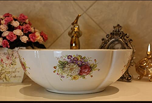 jdzlanwtart White Ceramic Bathroom Vessel Sinks with American Style Peony Flower Pattern Washing Sink for Vanity Top Bowl - Image 2