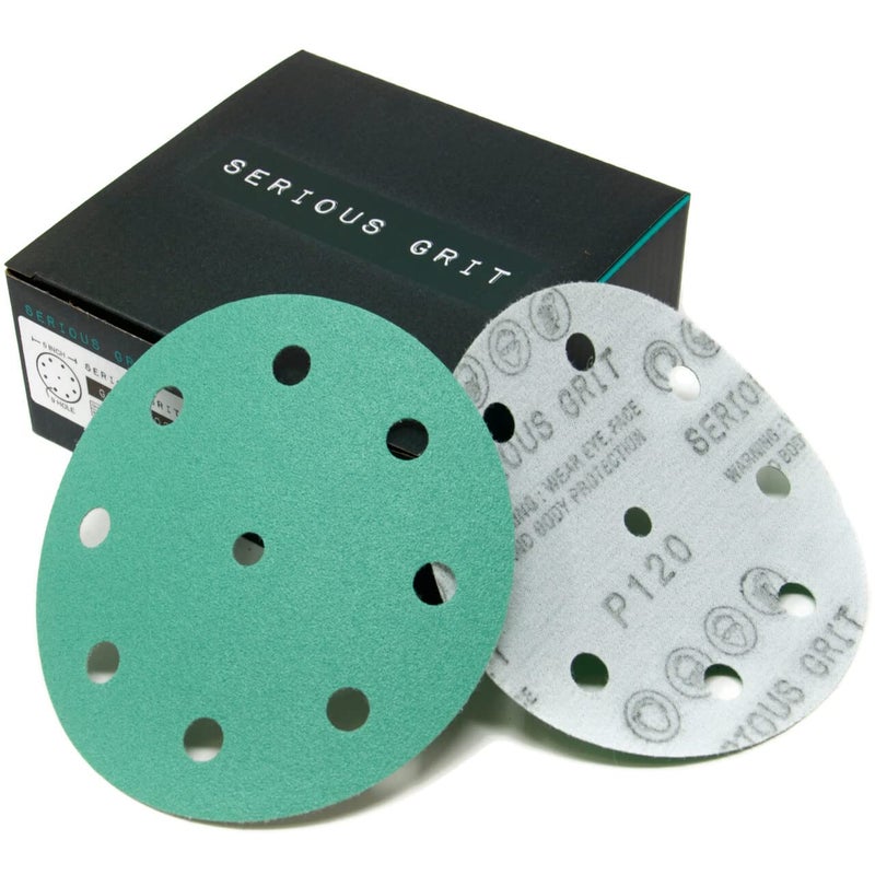 Serious Grit - 5-Inch 9-Hole 120 Grit Sanding Discs - Heavy-Duty Hook & Loop Film Discs - Sandpaper for Random Orbital Sanders - 50 Pack Box - Image 1