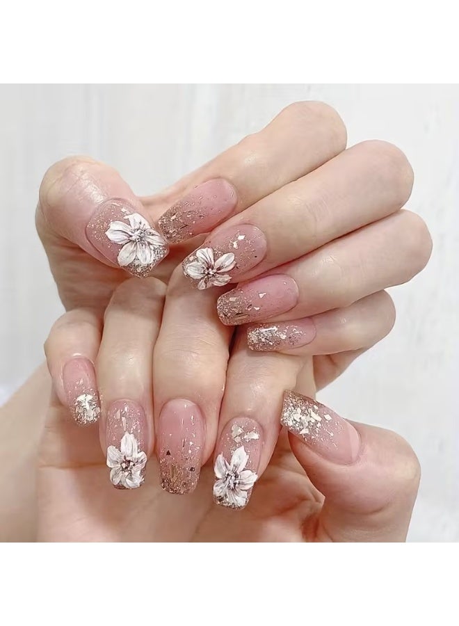 Goolsky 24pcs Long Ballerina Shape Press On Nails | Fake Nail With Flower Decor, Glitter Full Cover Nails For Women - Image 1