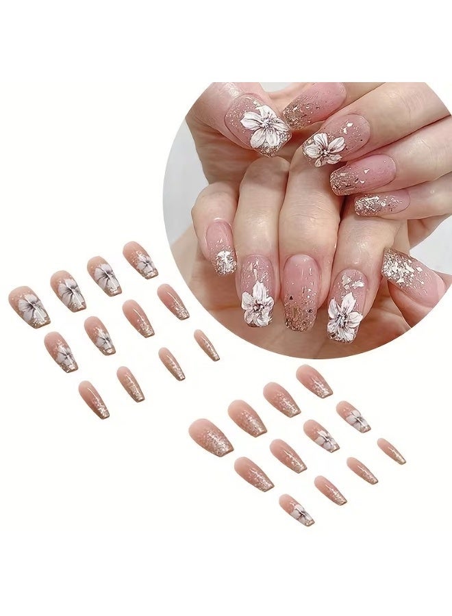 Goolsky 24pcs Long Ballerina Shape Press On Nails | Fake Nail With Flower Decor, Glitter Full Cover Nails For Women - Image 3
