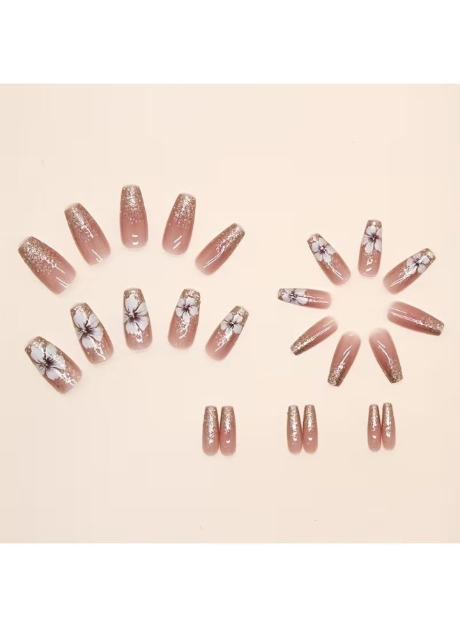 Goolsky 24pcs Long Ballerina Shape Press On Nails | Fake Nail With Flower Decor, Glitter Full Cover Nails For Women - Image 5