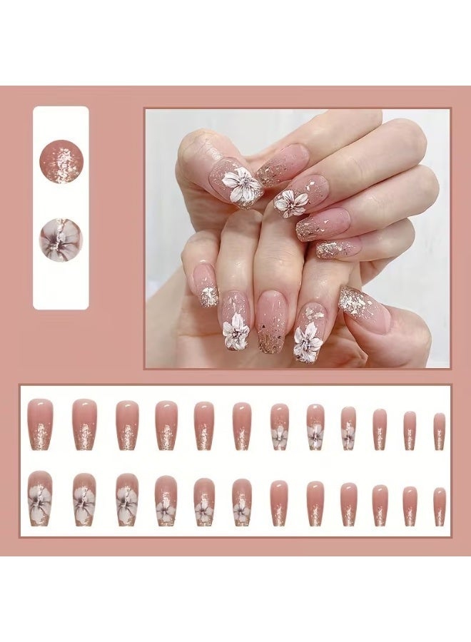 Goolsky 24pcs Long Ballerina Shape Press On Nails | Fake Nail With Flower Decor, Glitter Full Cover Nails For Women - Image 2