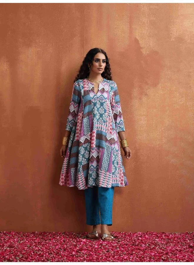 ترو برونز trueBrowns Blue Print Flared Anarkali Kurta Co-ord Set