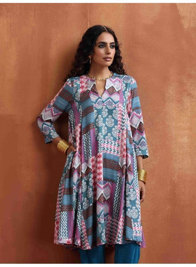 trueBrowns Blue Print Flared Anarkali Kurta Co-ord Set