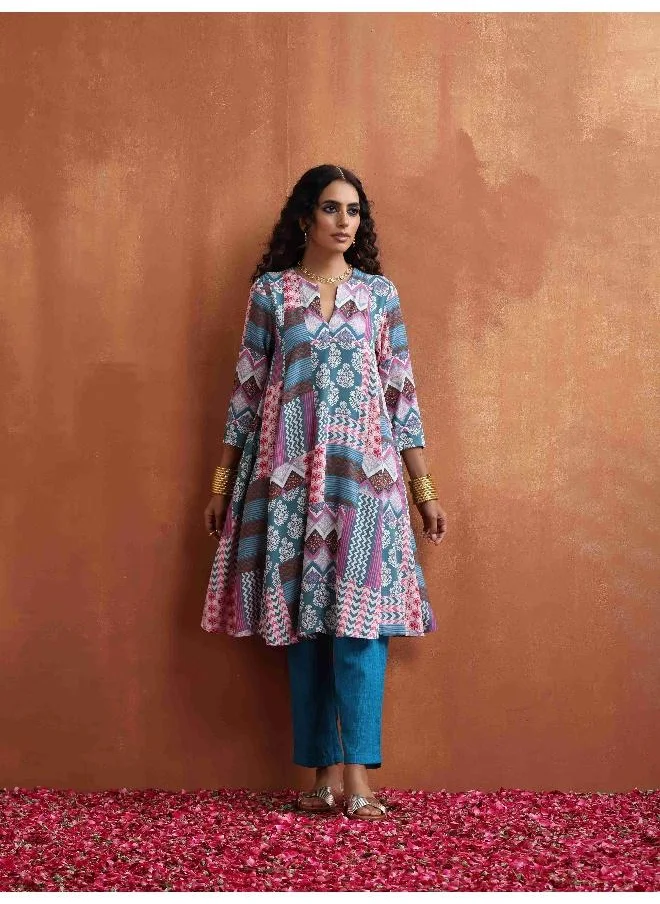 ترو برونز trueBrowns Blue Print Flared Anarkali Kurta Co-ord Set