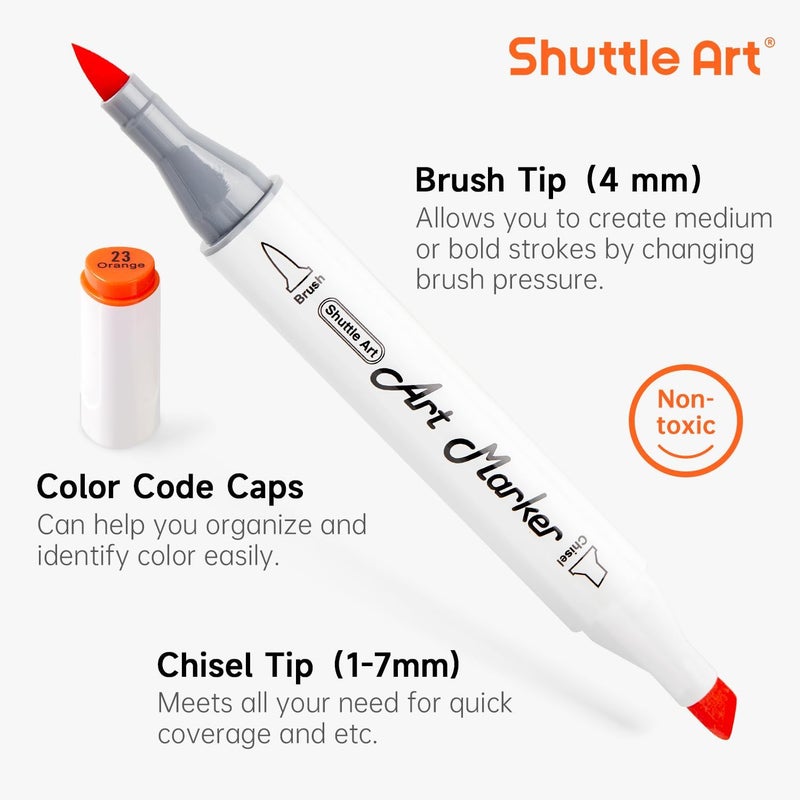 Shuttle Art Alcohol Markers Brush tip, Dual Tip Brush & Chisel Tip Art Marker Set, 50 Colors plus 1 Blender Permanent Marker Pens with Case Perfect for Illustration Students Adults Coloring - Image 3