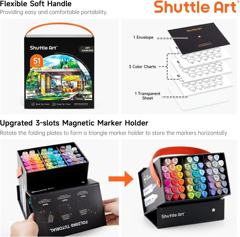 Shuttle Art Alcohol Markers Brush tip, Dual Tip Brush & Chisel Tip Art Marker Set, 50 Colors plus 1 Blender Permanent Marker Pens with Case Perfect for Illustration Students Adults Coloring - Image 4