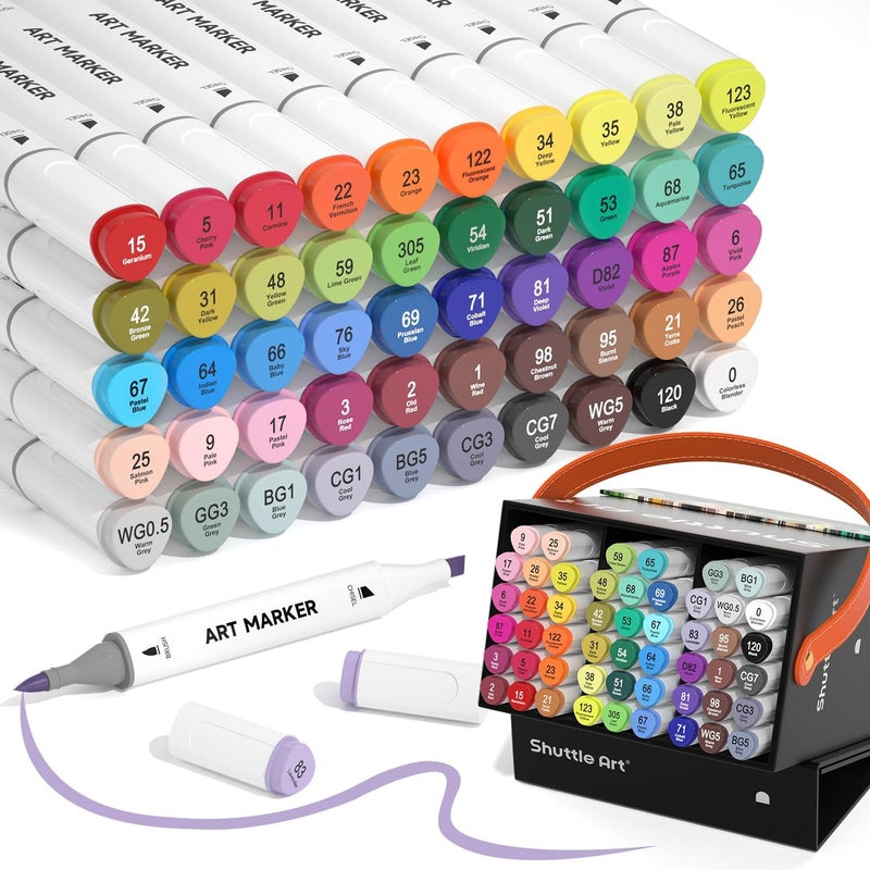 Shuttle Art Alcohol Markers Brush tip, Dual Tip Brush & Chisel Tip Art Marker Set, 50 Colors plus 1 Blender Permanent Marker Pens with Case Perfect for Illustration Students Adults Coloring - Image 1
