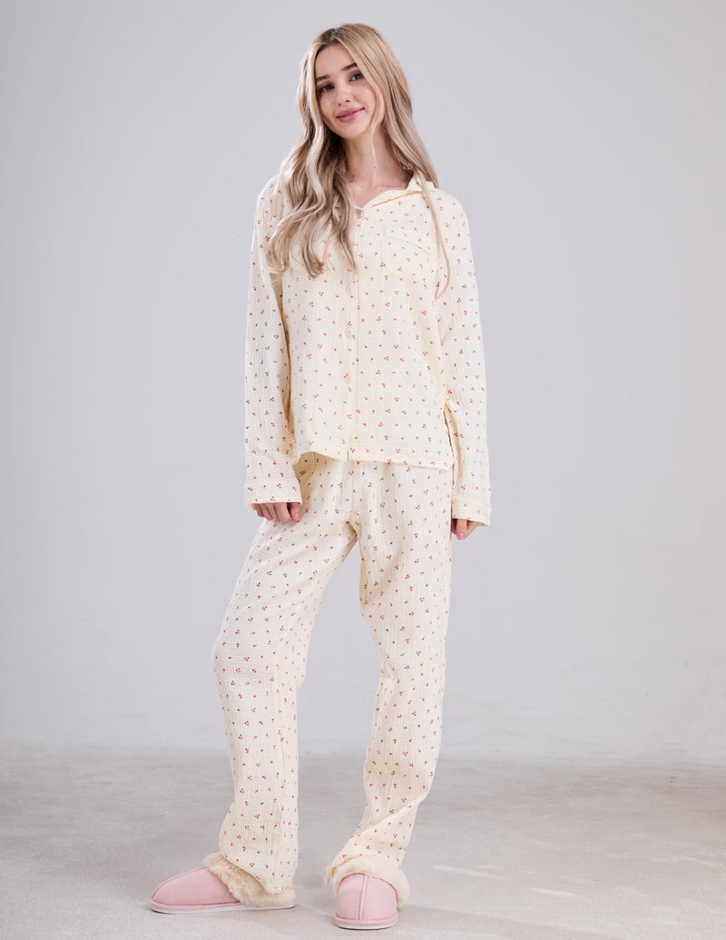 codcm Womens Cotton Gauze Pajama Set Long Sleeve Button Up Shirt and Pants 2 Piece Cute Printed Pj Set - Image 2