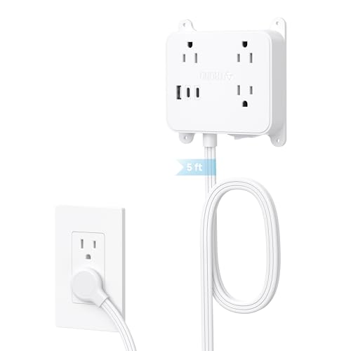 TROND Flat Plug Power Strip, 5FT Ultra Thin Flat Extension Cord with 3 AC Outlets, Wall Mount USB Plug Behind TV, Wall Outlet to Hide in Drawer, Attach Under Desk Cabinet Vanity Counter - Image 1