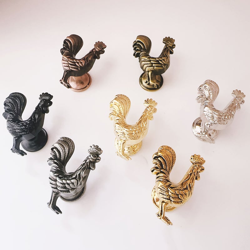 4 Zinc Alloy Drawer Handles Pewter Single Hole Rooster Shape Cabinet Pull - Image 1