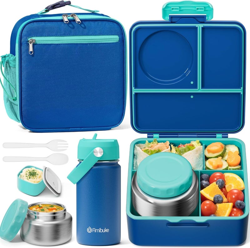 Fimibuke Kids Bento Lunch Box, Leakproof Toddler Bento Box with 8.5 OZ Insulated Food Jar, Lunch Bag, Kids Water Bottle, 3 or 4 Compartment Container for Back to School Toddler Girls Boys - Image 1