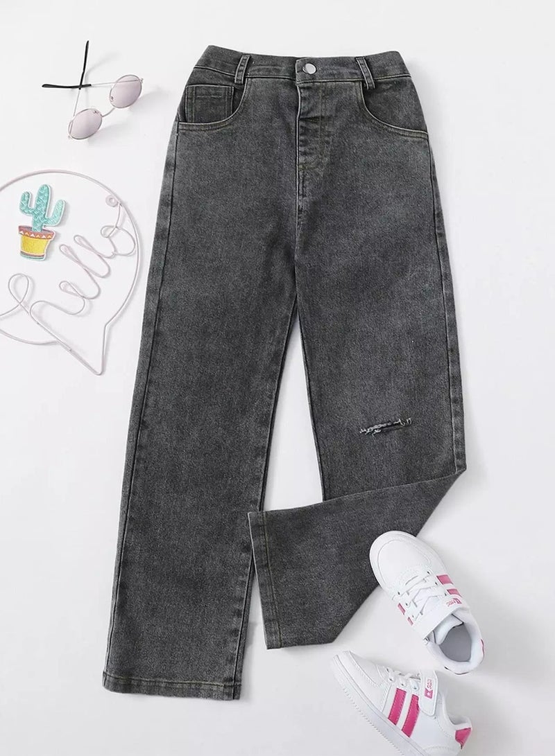 Girls Solid Ripped Straight Leg Jeans  - Image 1