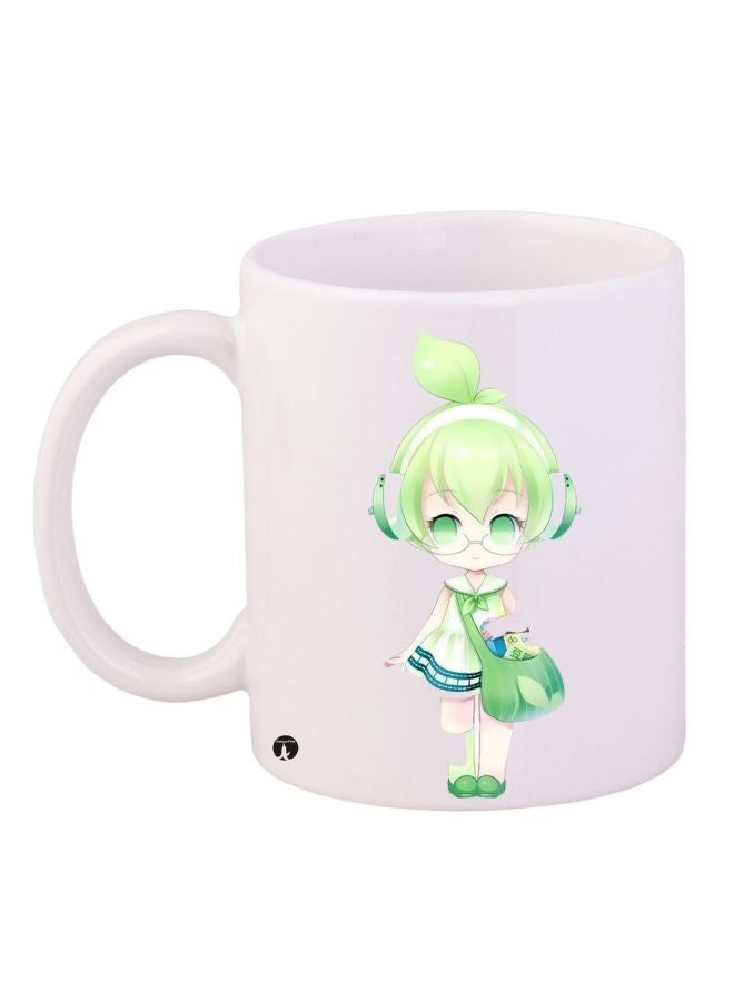 RYN Cartoon Girl Printed Coffee Mug White/Green/Blue 11ounce