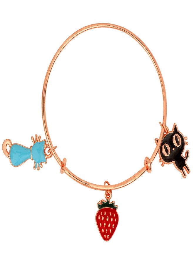 Mahi Strawberry & Cat Shaped Rose Gold Plated Enamel Work Charms Bracelet for Girls (BRK1100865Z) - Image 4
