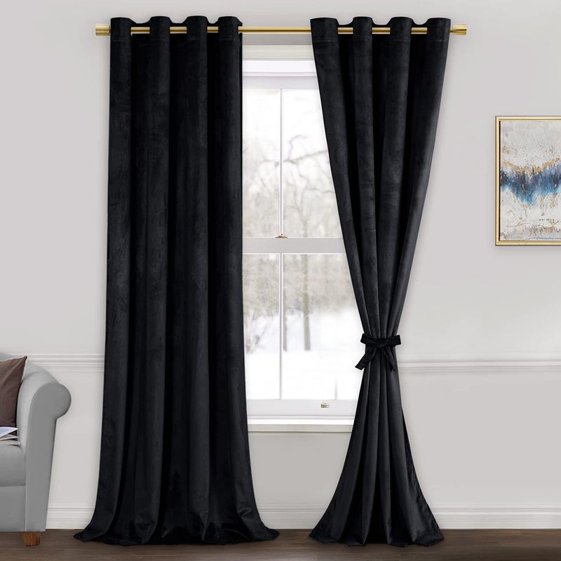 JIUZHEN Extra Long Velvet Curtains 108 inches  Soft Retro Blackout Velvet Drapes Room Darkening Thermal Insulated for Living RoomGallery 52W x 108L 2 Panels with TiebacksBlack