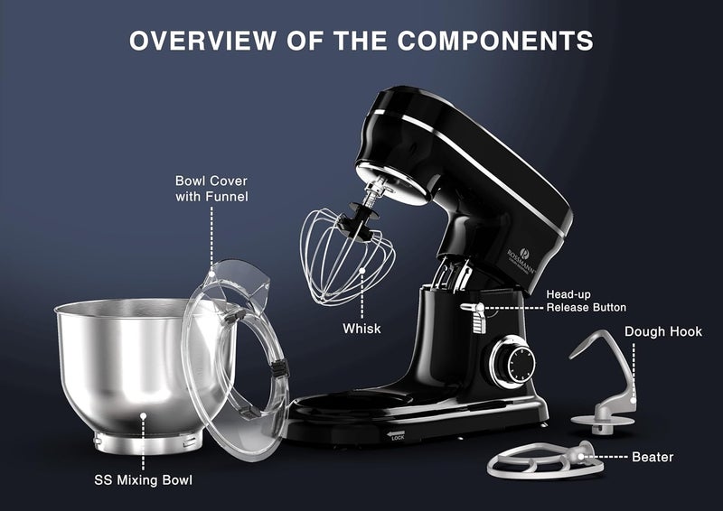 ROSSMANN Rossmann Stand Mixer Professional 1600 Watts 100 Pure Copper Motor 55 Lit removeable SS Bowl 4 Safety Features Metal Gears Planetary Rotation Teflon Coated Accessories Black  - Image 2
