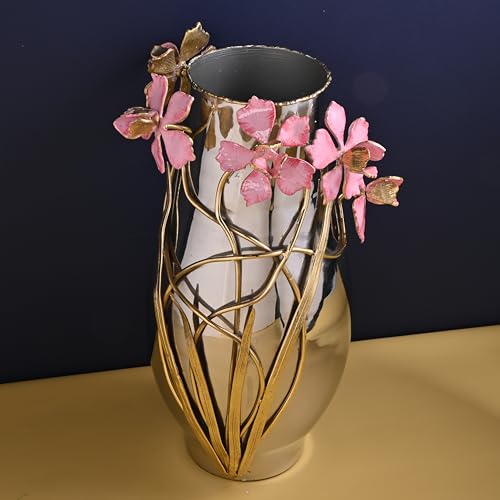Gibox Stain Steel & Brass Floral Design, Designer Flower Vase with Decorative Flower, Home Office Villa Farm House Decor, Corner Center Table Top Centerpiece & Gifting Item - Image 1