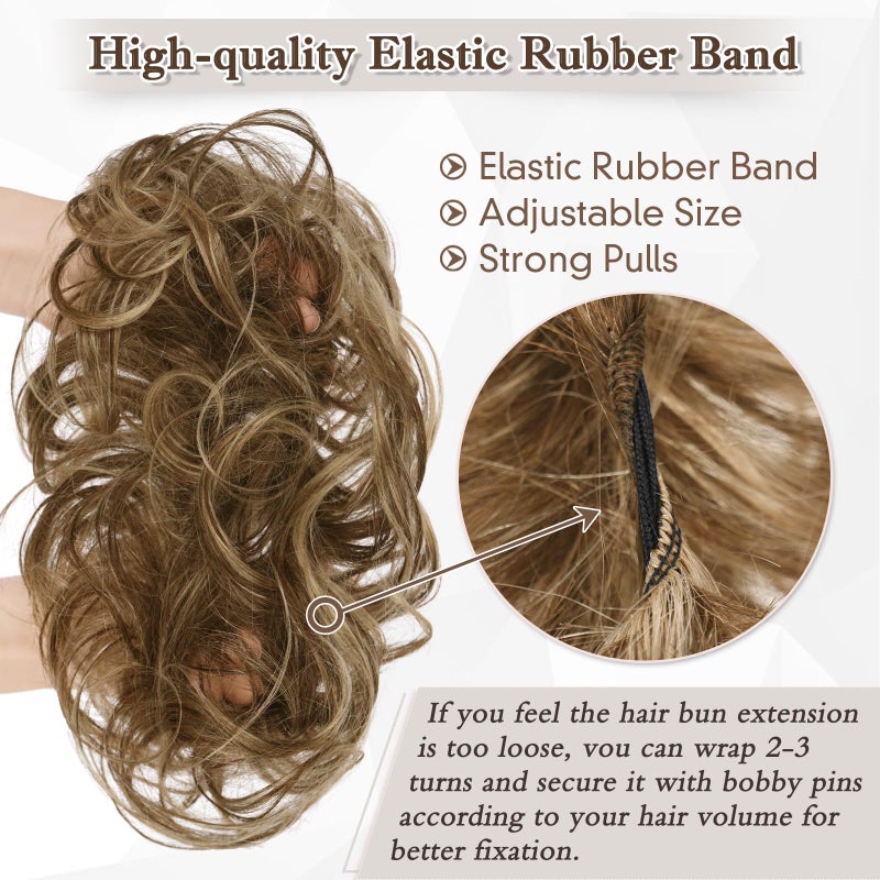RUWISS Large Messy Bun Hair Piece 100% Human Hair Layered Wavy Curly Hair Buns Hair Piece for Women Thick Updo Hairpiece for Daily Wear Real Hair Ponytail Extension (Brown with Warm Blonde Highlights) - Image 4