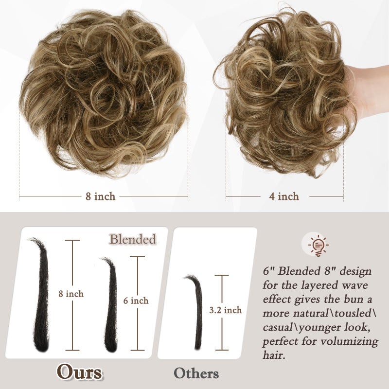 RUWISS Large Messy Bun Hair Piece 100% Human Hair Layered Wavy Curly Hair Buns Hair Piece for Women Thick Updo Hairpiece for Daily Wear Real Hair Ponytail Extension (Brown with Warm Blonde Highlights) - Image 3