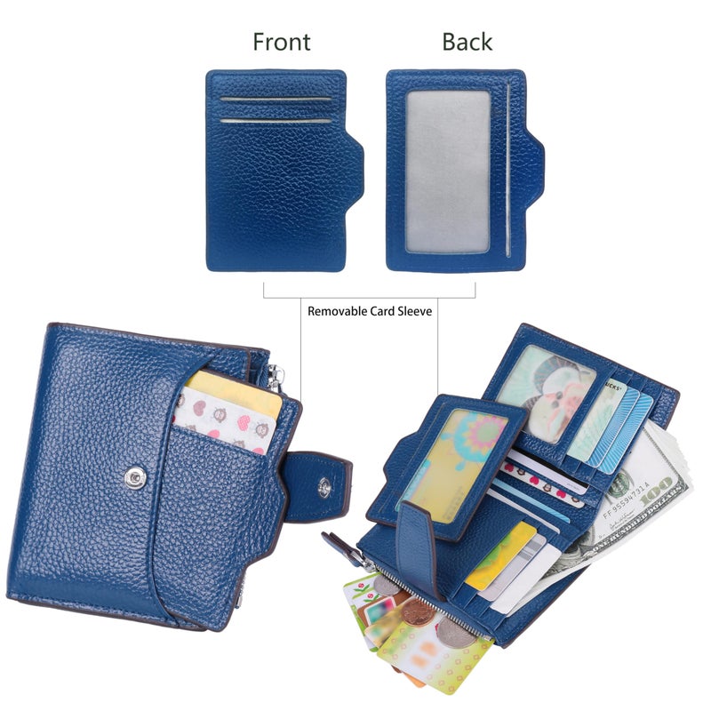 AINIMOER Women's RFID Blocking Leather Small Compact Bi-fold Zipper Pocket Wallet Card Case Purse with id Window (Lichee Blue) - Image 3