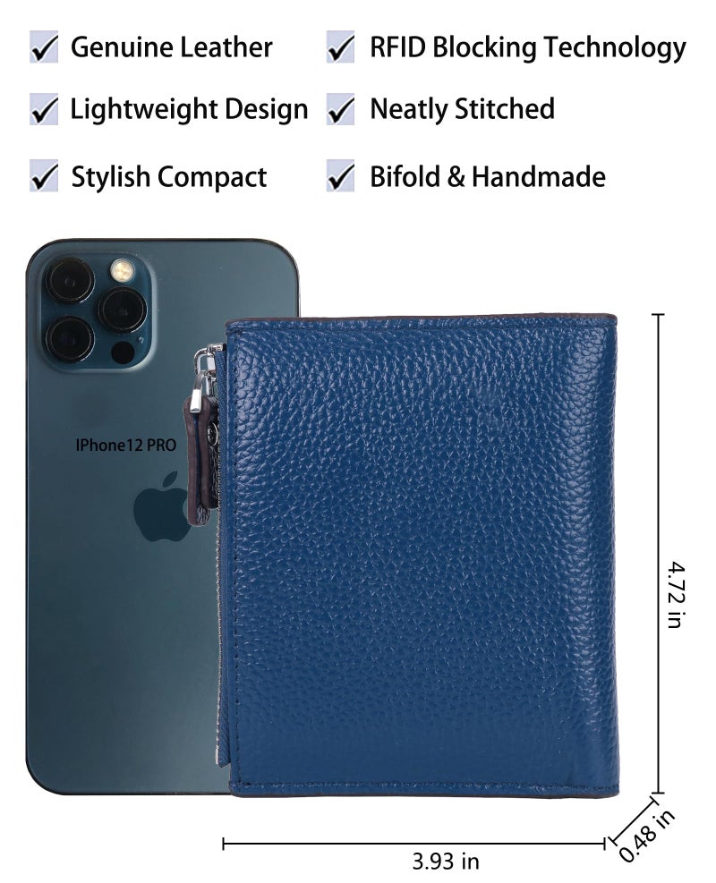 AINIMOER Women's RFID Blocking Leather Small Compact Bi-fold Zipper Pocket Wallet Card Case Purse with id Window (Lichee Blue) - Image 4
