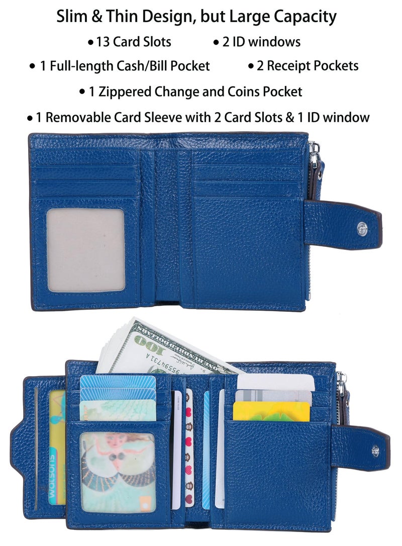 AINIMOER Women's RFID Blocking Leather Small Compact Bi-fold Zipper Pocket Wallet Card Case Purse with id Window (Lichee Blue) - Image 2
