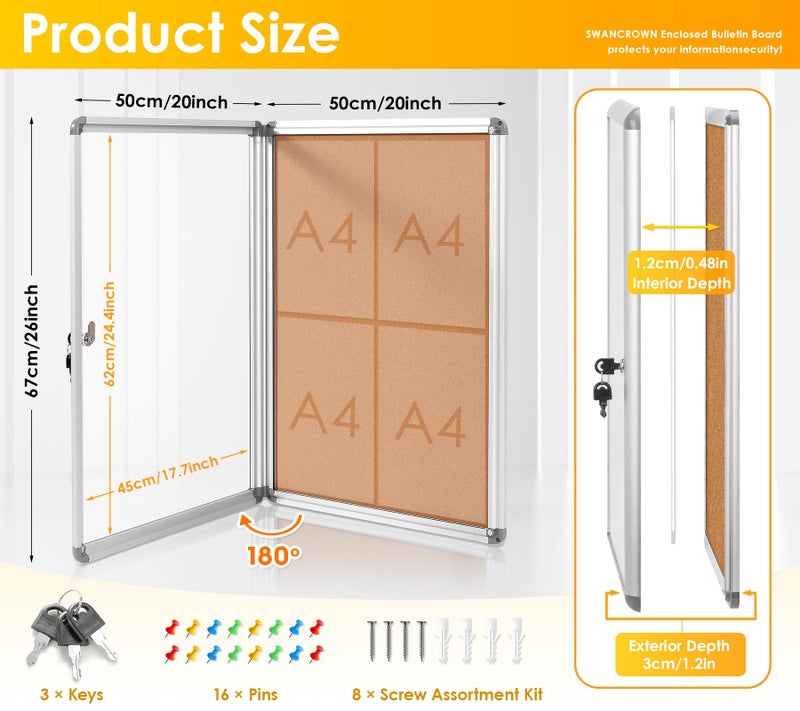 S SWANCROWN SWANCROWN Enclosed Bulletin Board Tamper-Proof Cork Noticeboard Secure Information Board with Acrylic Door 26x20inch (4xA4) - Image 2