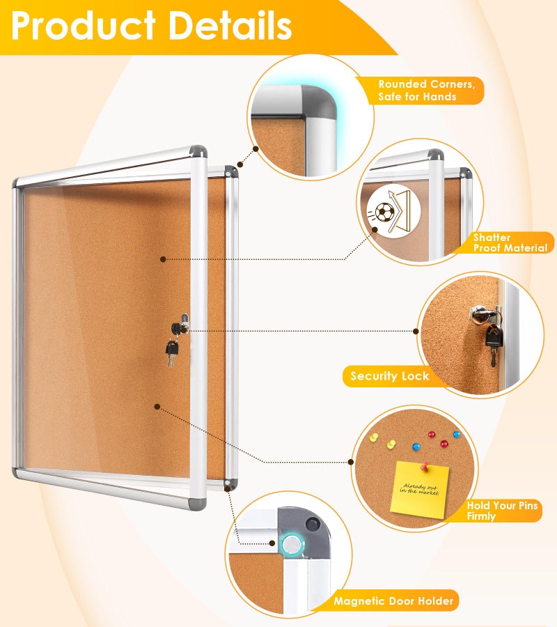 S SWANCROWN SWANCROWN Enclosed Bulletin Board Tamper-Proof Cork Noticeboard Secure Information Board with Acrylic Door 26x20inch (4xA4) - Image 3