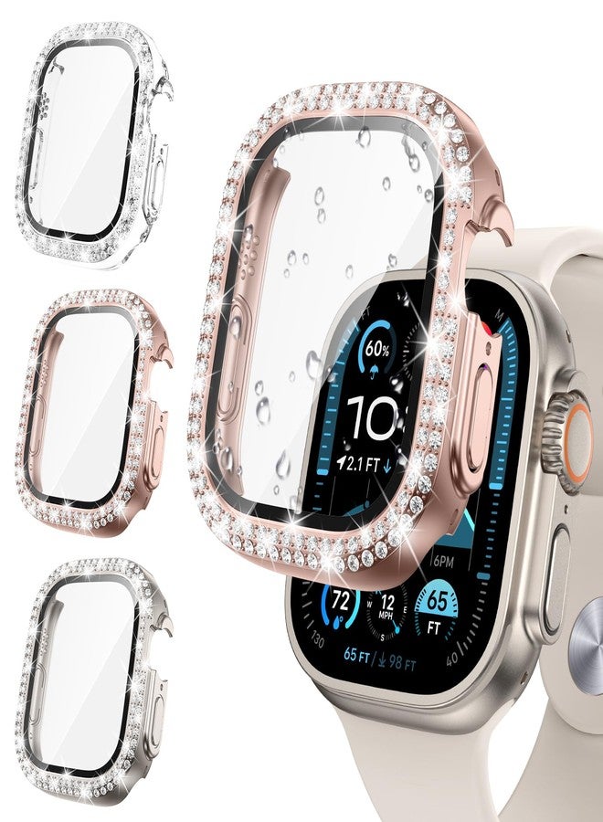 تينسي Tensea [عبوة من 3 قطع] لحماية شاشة ساعة Apple Watch Ultra 2/Ultra مقاس 49 مم، غطاء حماية صلب من البولي كربونات بتصميم ماسي، مزود بغشاء زجاجي مقوى مدمج، غطاء وجه لامع واقٍ للنساء، 49 مم - Image 1